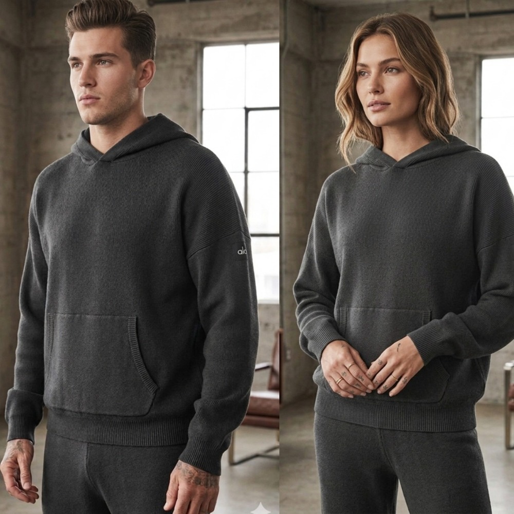 New Alo Yoga Scholar Hooded Sweater M Anthracite Gray Heavy Ribbed Knit $218